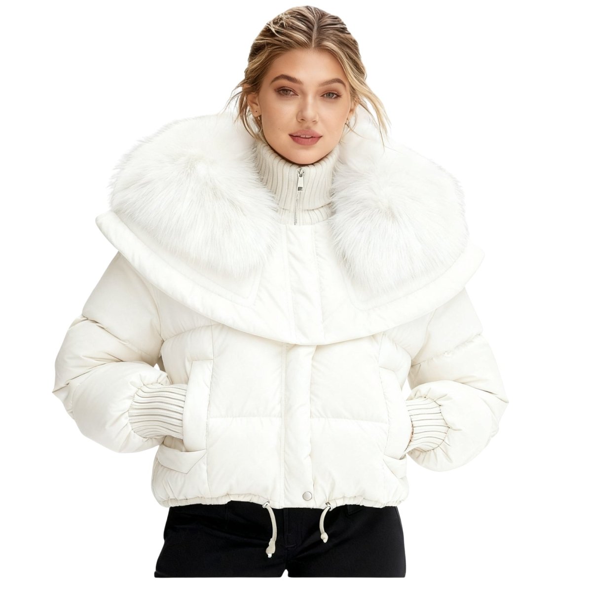 Womens Puffer Jacket Fox Fur Collar Oversized Down Fill in White – Wren
