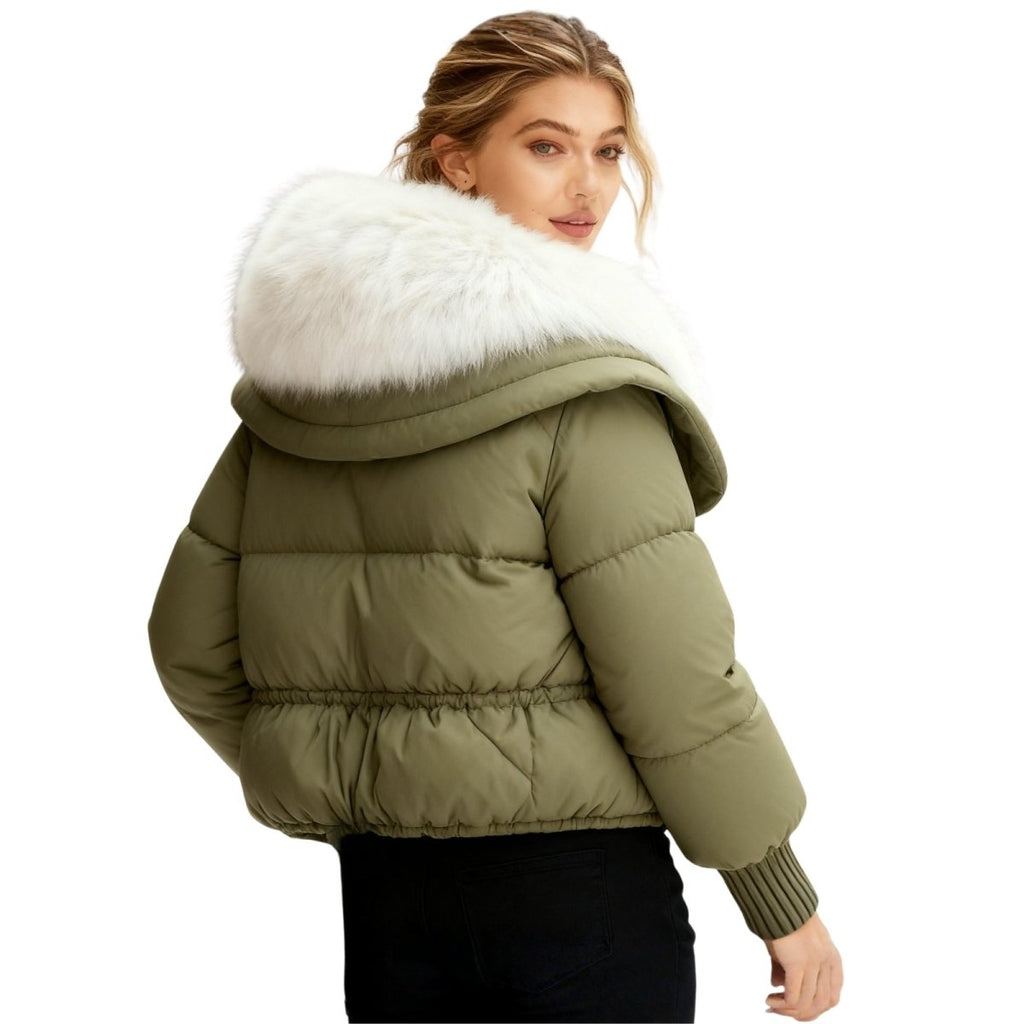 Womens Puffer Jacket Fox Fur Collar Oversized Down Fill in White – Wren