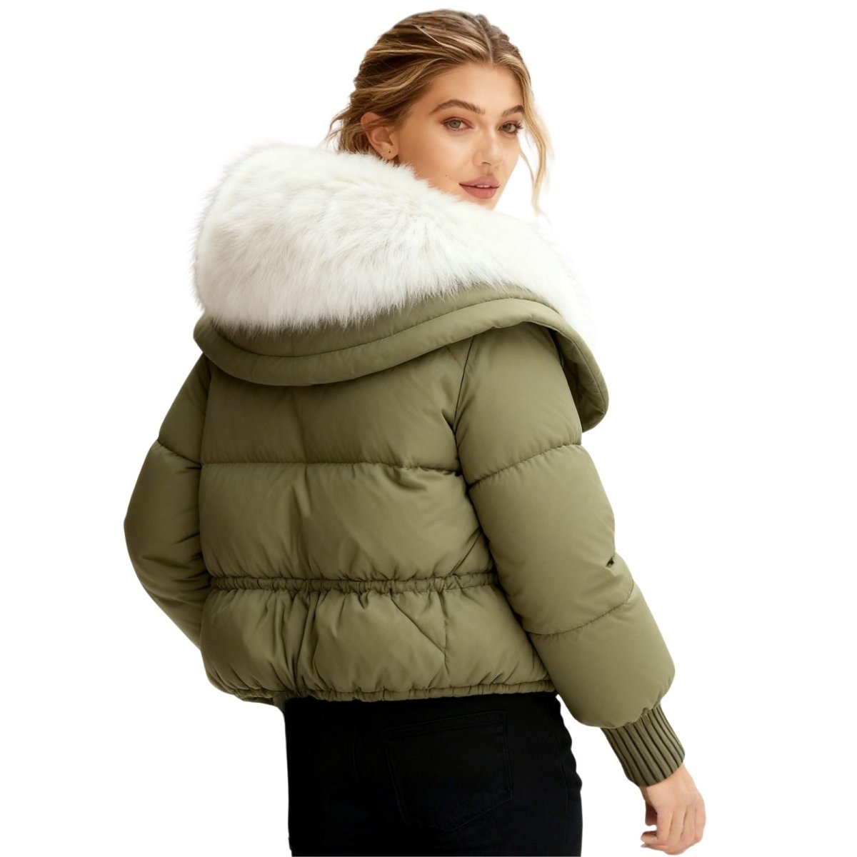 Womens Puffer Jacket Fox Fur Collar Oversized Down Fill in White – Wren
