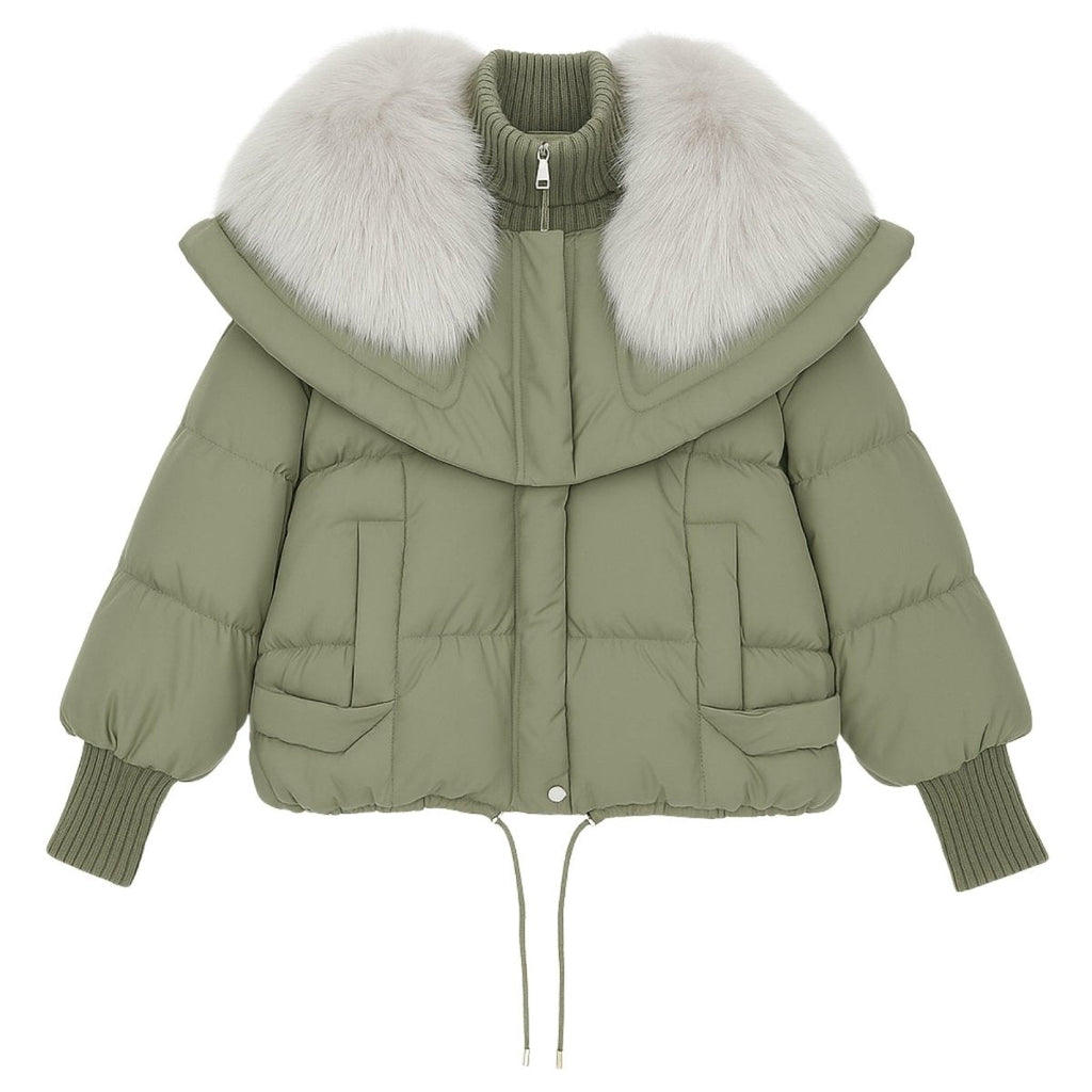 Womens Puffer Jacket Fox Fur Collar Oversized Down Fill in White – Wren