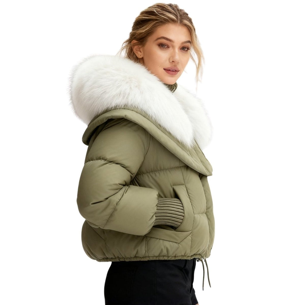 Womens Puffer Jacket Fox Fur Collar Oversized Down Fill in White – Wren