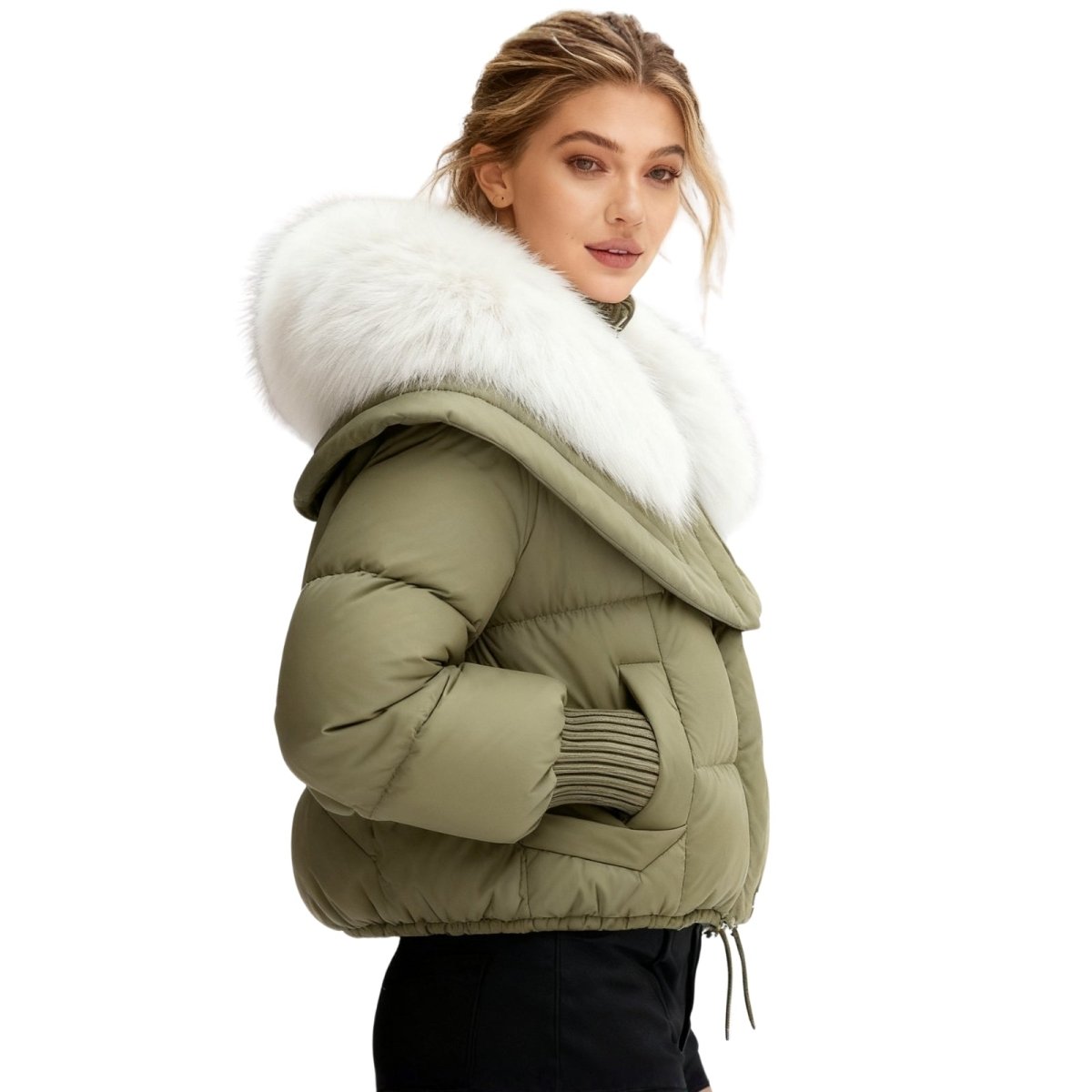 Womens Puffer Jacket Fox Fur Collar Oversized Down Fill in White – Wren