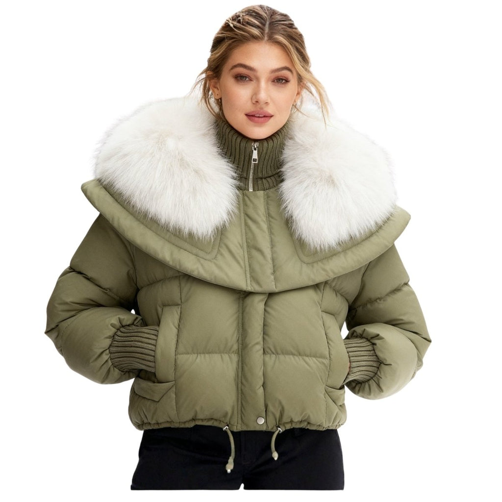 Womens Puffer Jacket Fox Fur Collar Oversized Down Fill in White – Wren