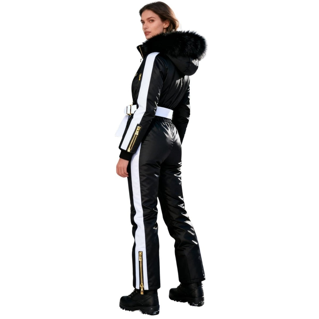 Womens Ski Suit One Piece Waterproof Fox Fur Hood 4-Way Stretch – Viv
