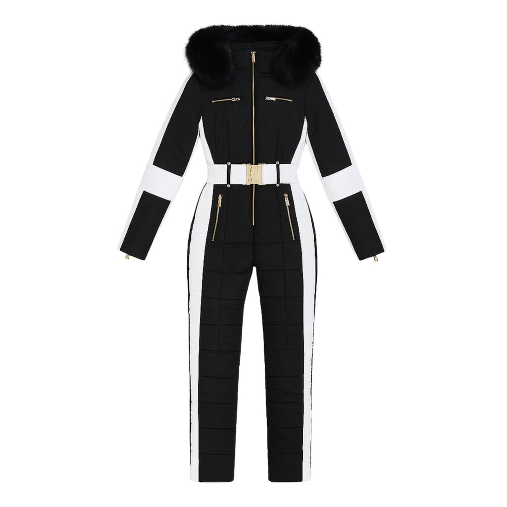 Womens Ski Suit One Piece Waterproof Fox Fur Hood 4-Way Stretch – Viv