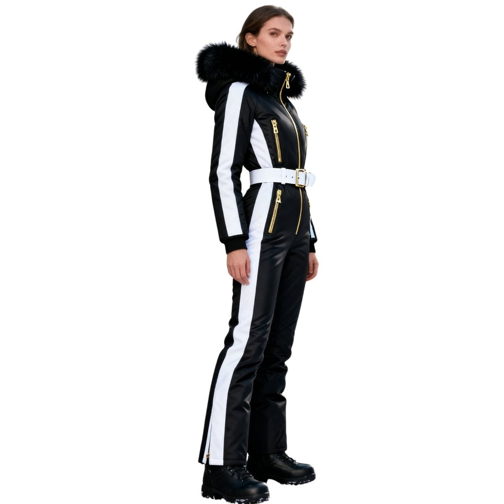 Womens Ski Suit One Piece Waterproof Fox Fur Hood 4-Way Stretch – Viv