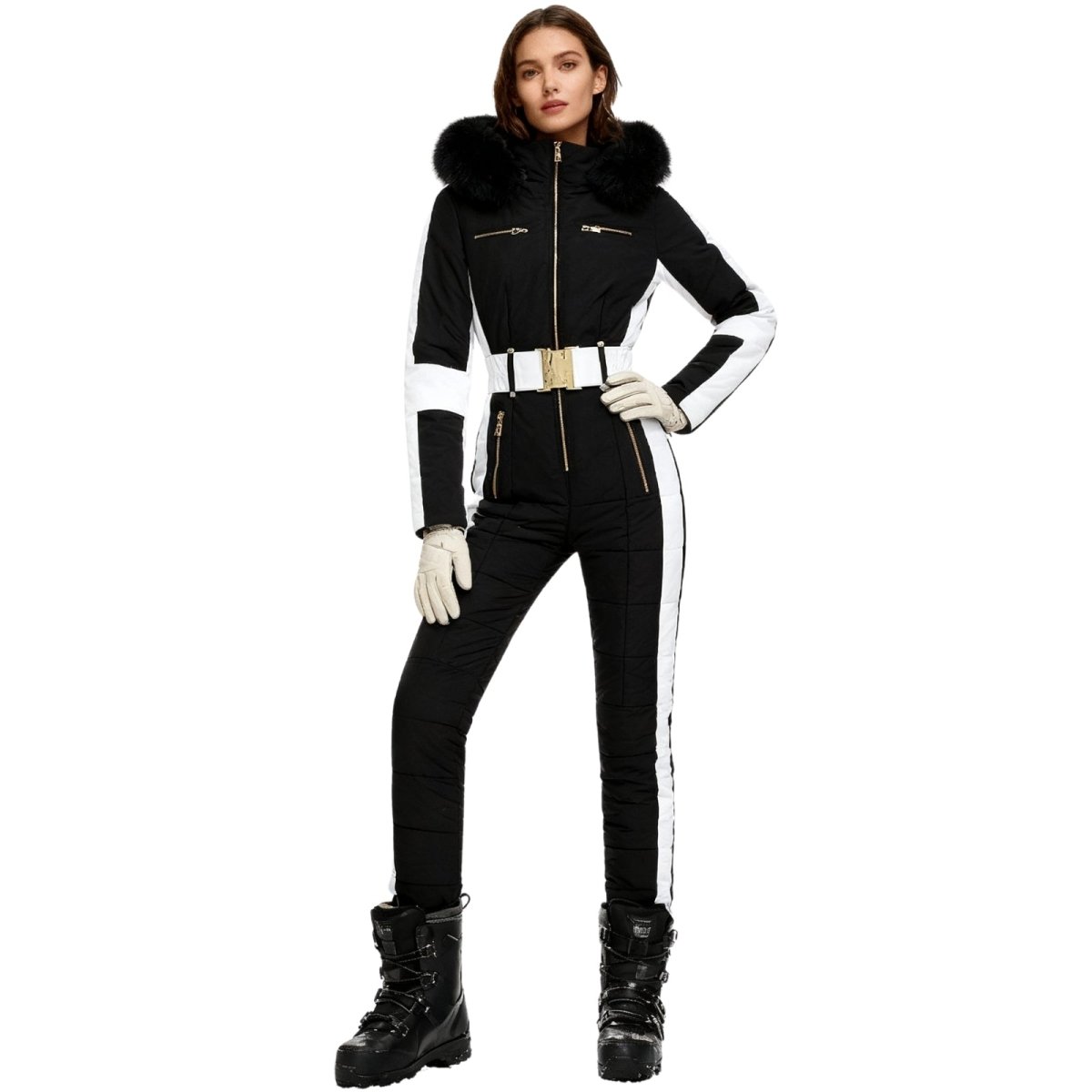 Womens Ski Suit One Piece Waterproof Fox Fur Hood 4-Way Stretch – Viv