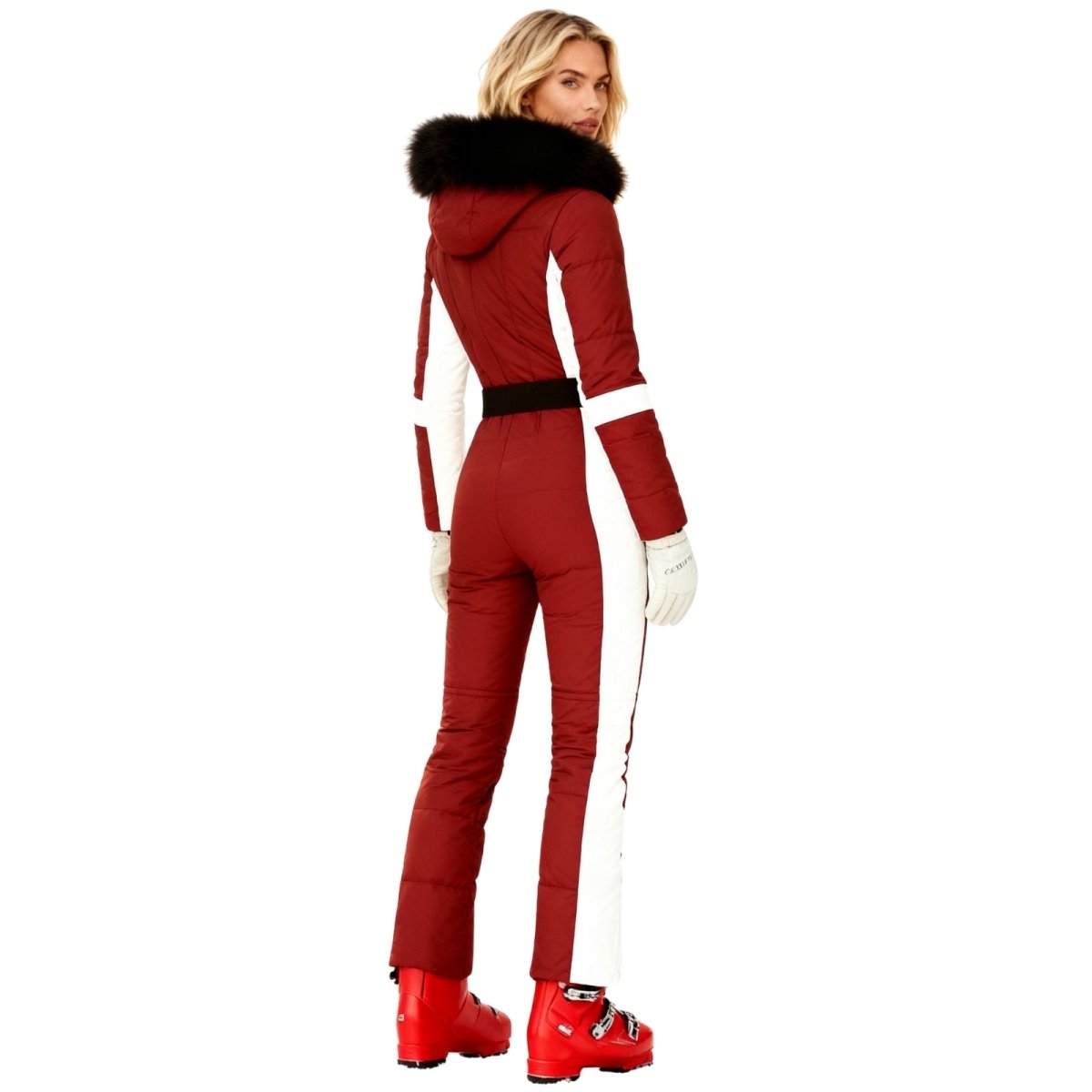 Womens Ski Suit One Piece Waterproof Fox Fur Hood 4-Way Stretch – Viv