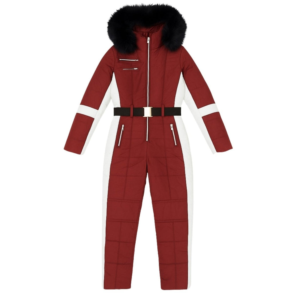 Womens Ski Suit One Piece Waterproof Fox Fur Hood 4-Way Stretch – Viv
