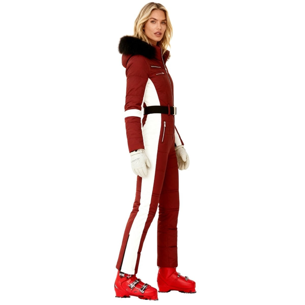 Womens Ski Suit One Piece Waterproof Fox Fur Hood 4-Way Stretch – Viv