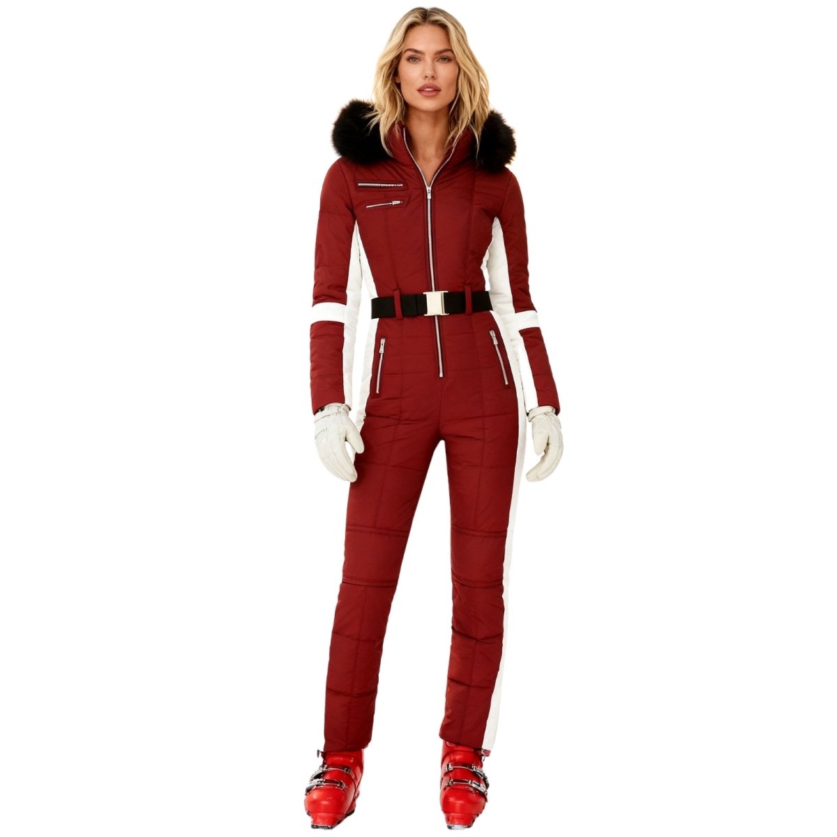 Womens Ski Suit One Piece Waterproof Fox Fur Hood 4-Way Stretch – Viv