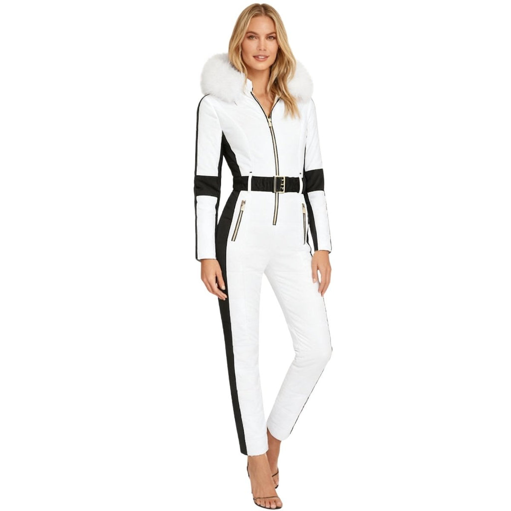 Womens Ski Suit One Piece Waterproof Fox Fur Hood 4-Way Stretch – Viv