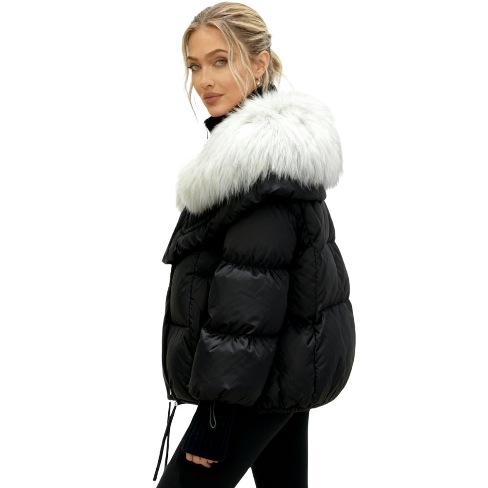 Womens Puffer Jacket Fox Fur Collar Oversized Down Fill in White – Wren