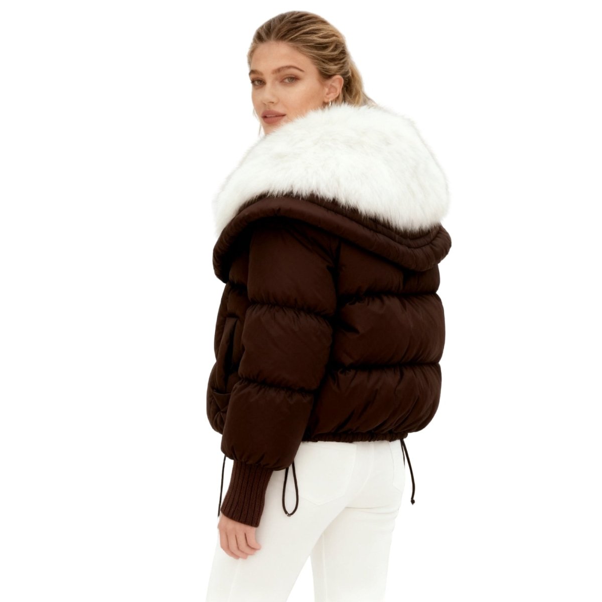 Womens Puffer Jacket Fox Fur Collar Oversized Down Fill in White – Wren