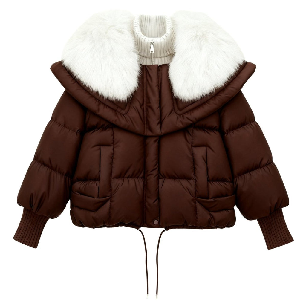 Womens Puffer Jacket Fox Fur Collar Oversized Down Fill in White – Wren
