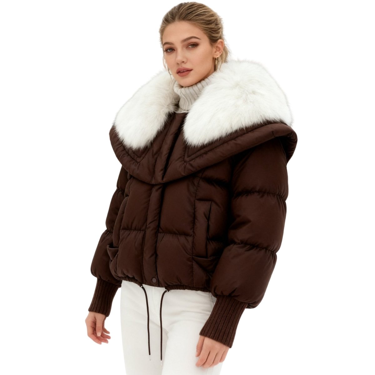Womens Puffer Jacket Fox Fur Collar Oversized Down Fill in White – Wren