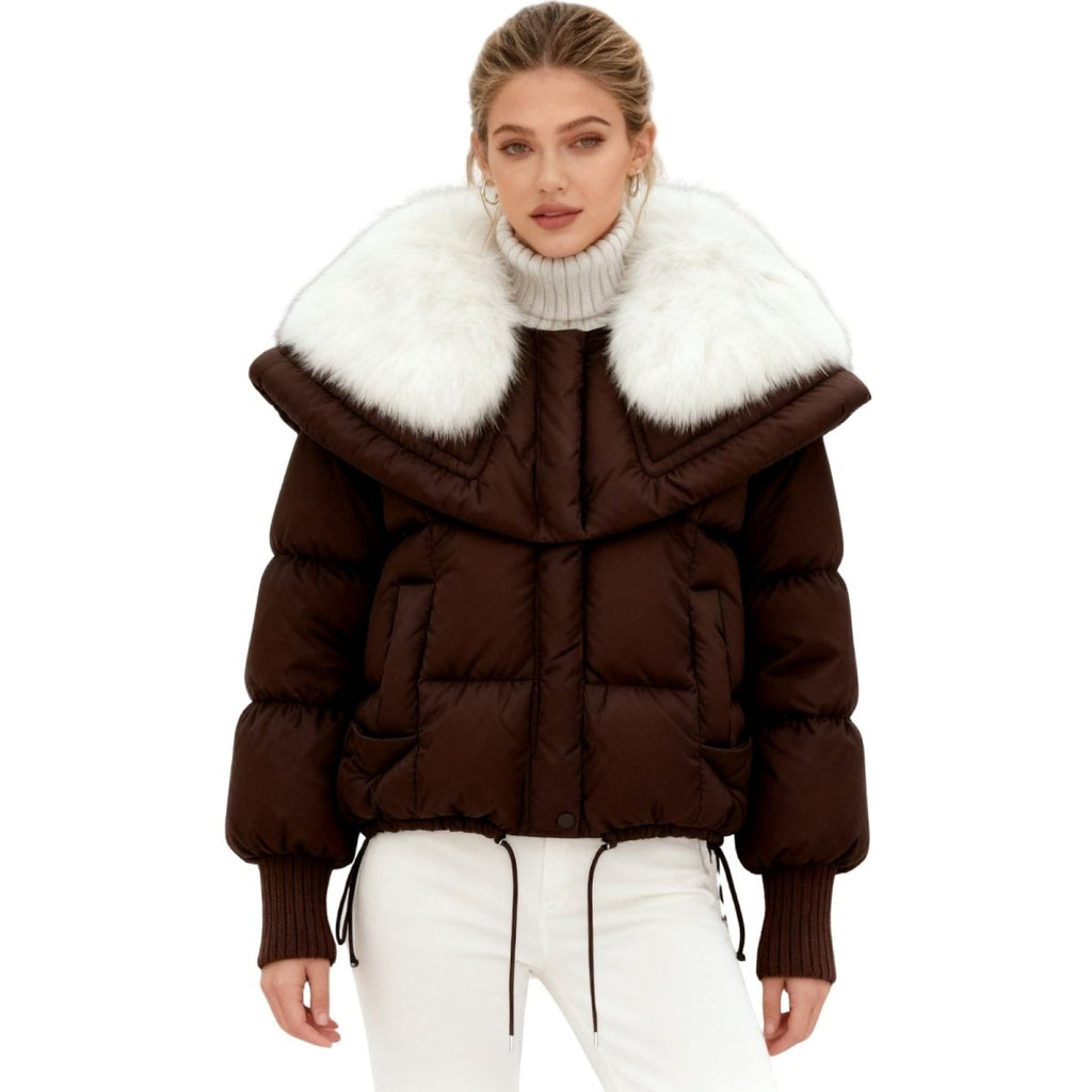 Womens Puffer Jacket Fox Fur Collar Oversized Down Fill in White – Wren
