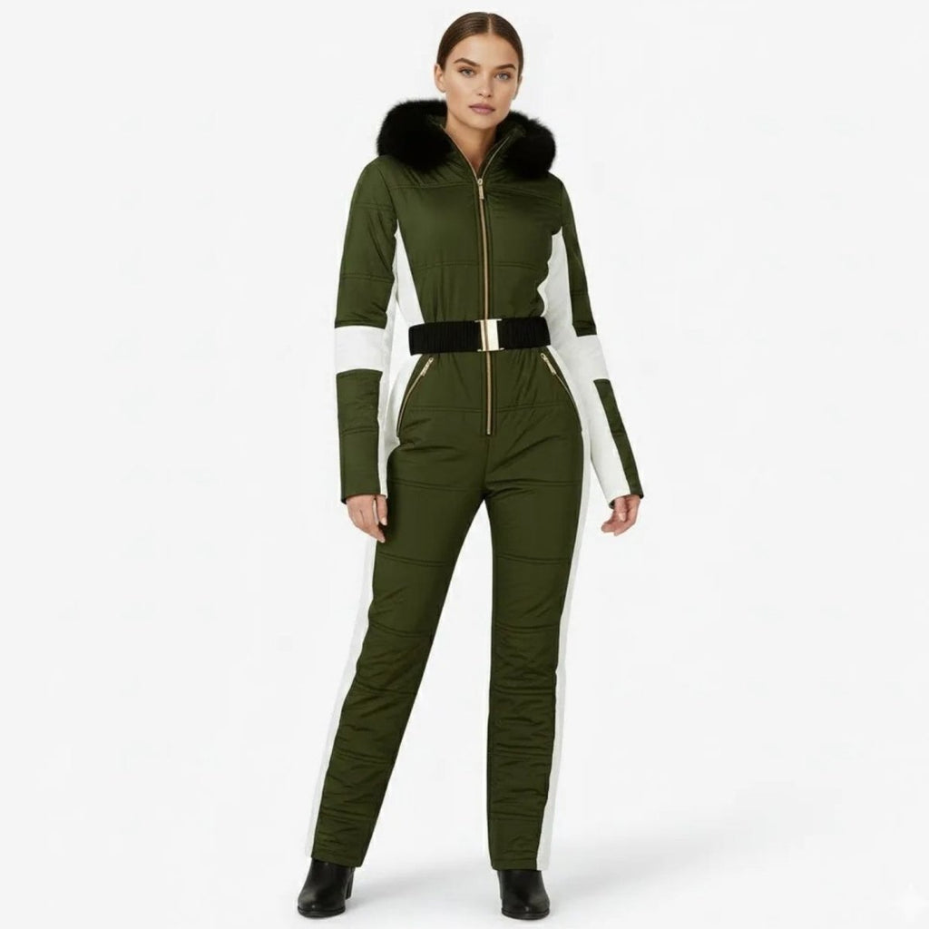 Womens Ski Suit One Piece Waterproof Fox Fur Hood 4-Way Stretch – Viv