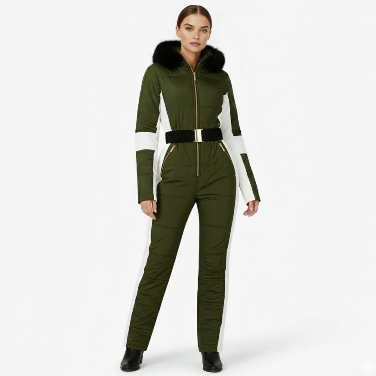Womens Ski Suit One Piece Waterproof Fox Fur Hood 4-Way Stretch – Viv