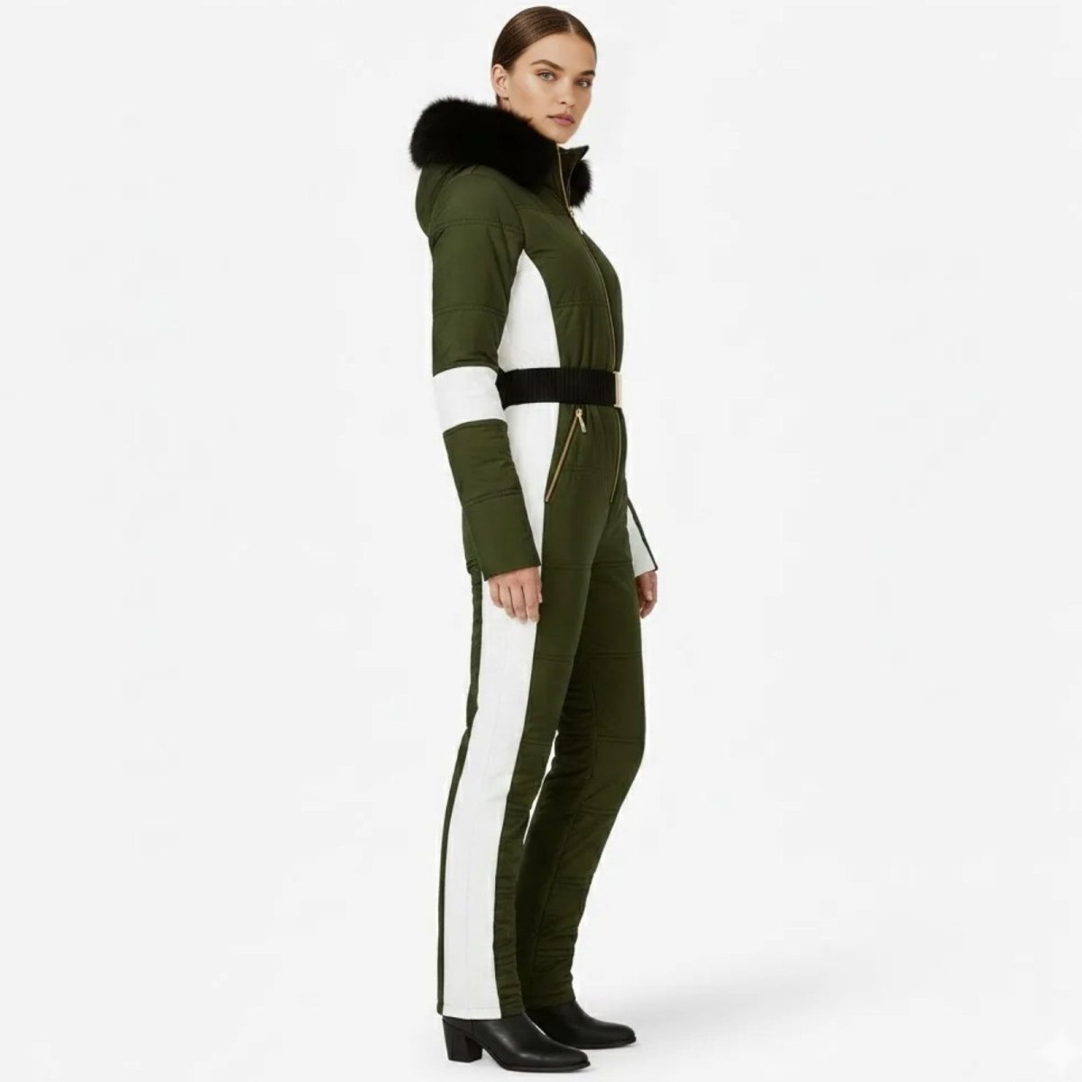 Womens Ski Suit One Piece Waterproof Fox Fur Hood 4-Way Stretch – Viv