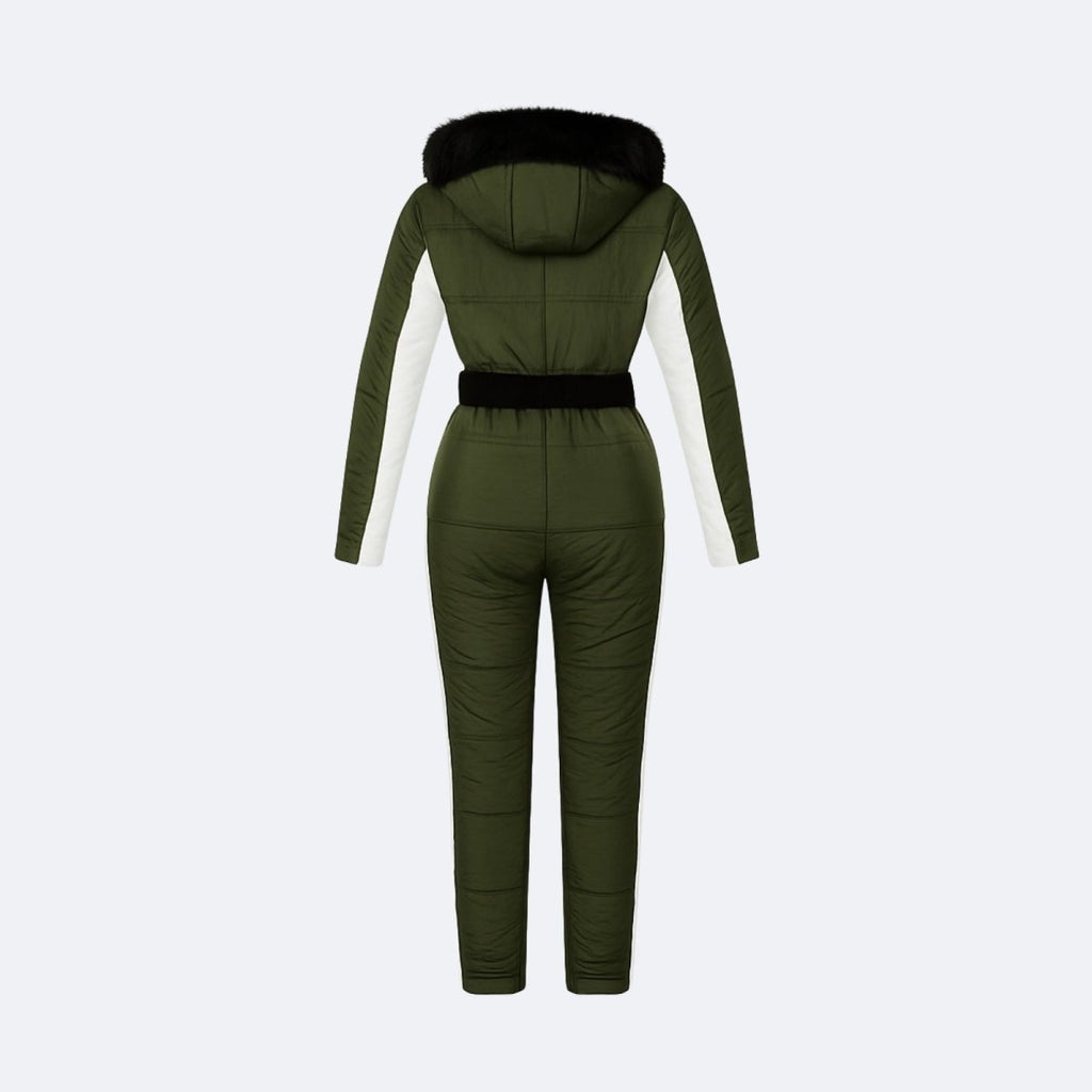 Womens Ski Suit One Piece Waterproof Fox Fur Hood 4-Way Stretch – Viv