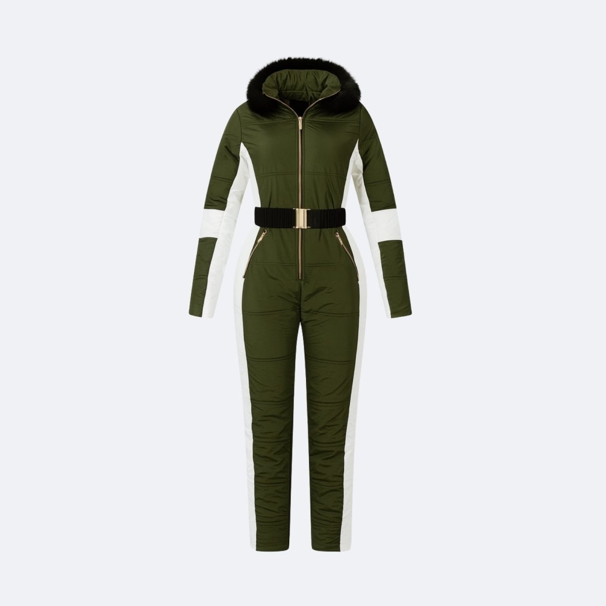 Womens Ski Suit One Piece Waterproof Fox Fur Hood 4-Way Stretch – Viv