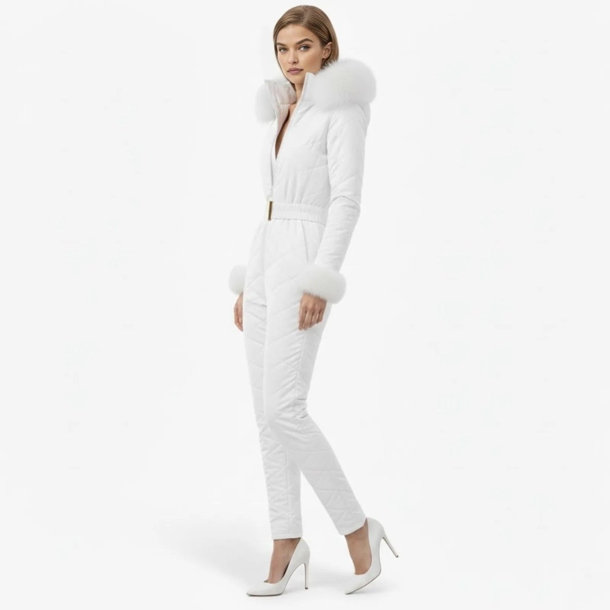 Womens Ski Suit One Piece Quilted Faux Fur Hood – Willa