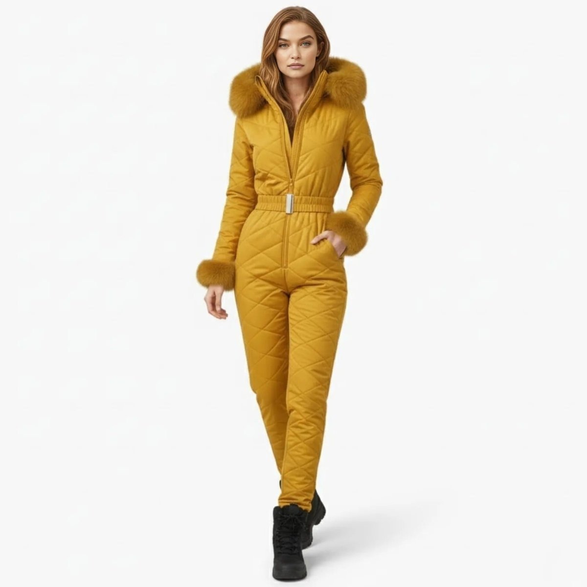 Womens Ski Suit One Piece Quilted Faux Fur Hood – Willa