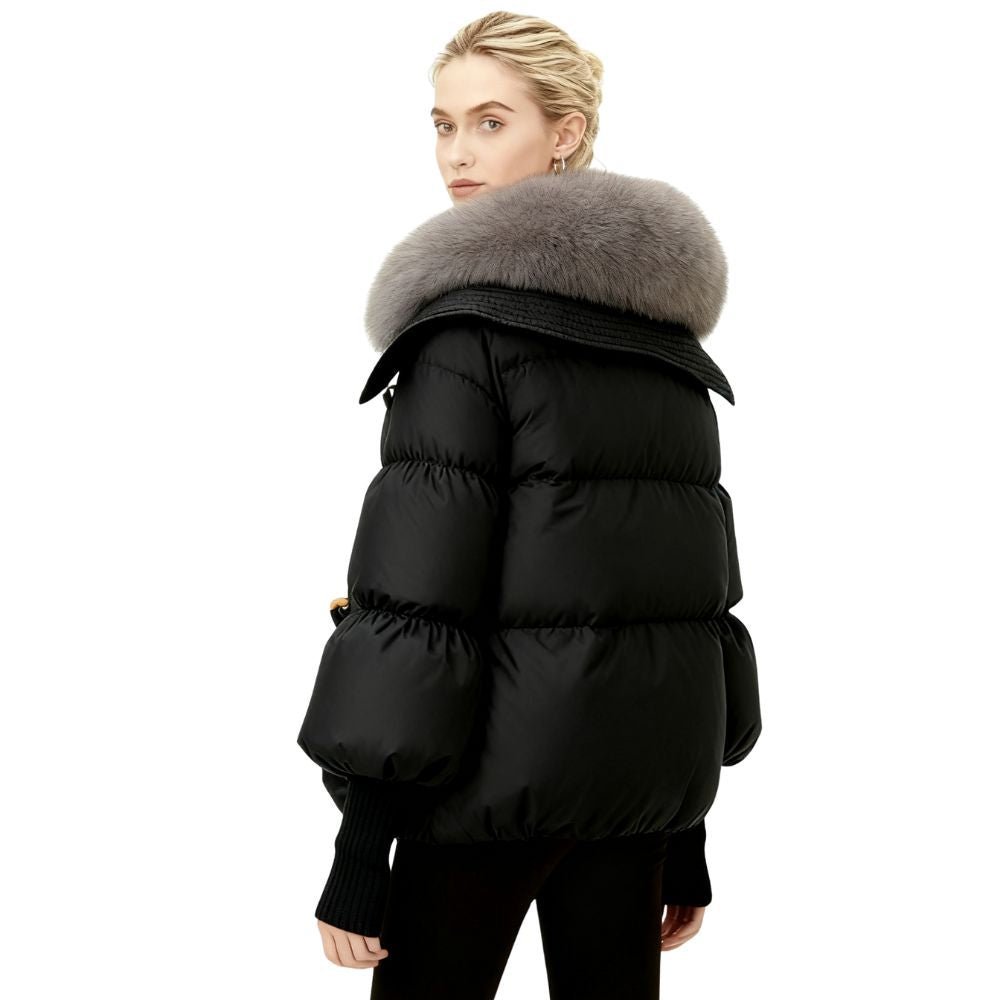 Womens Puffer Jacket Luxury Fox Fur Collar Oversized in White – Roma