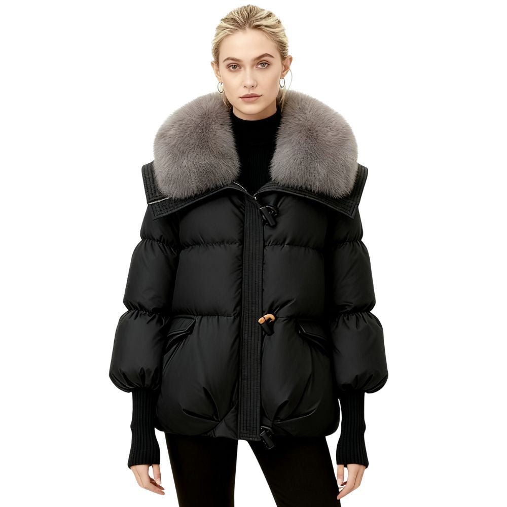 Womens Puffer Jacket Luxury Fox Fur Collar Oversized in White – Roma