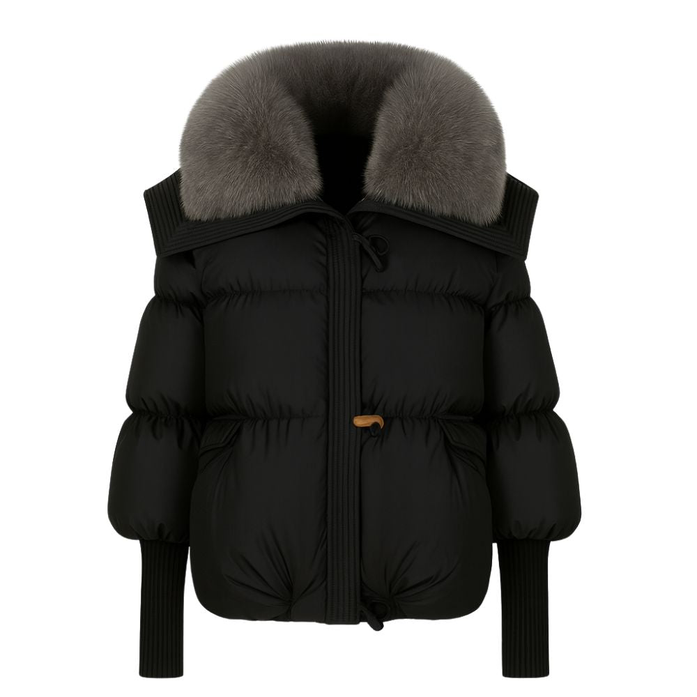 Womens Puffer Jacket Luxury Fox Fur Collar Oversized in White – Roma