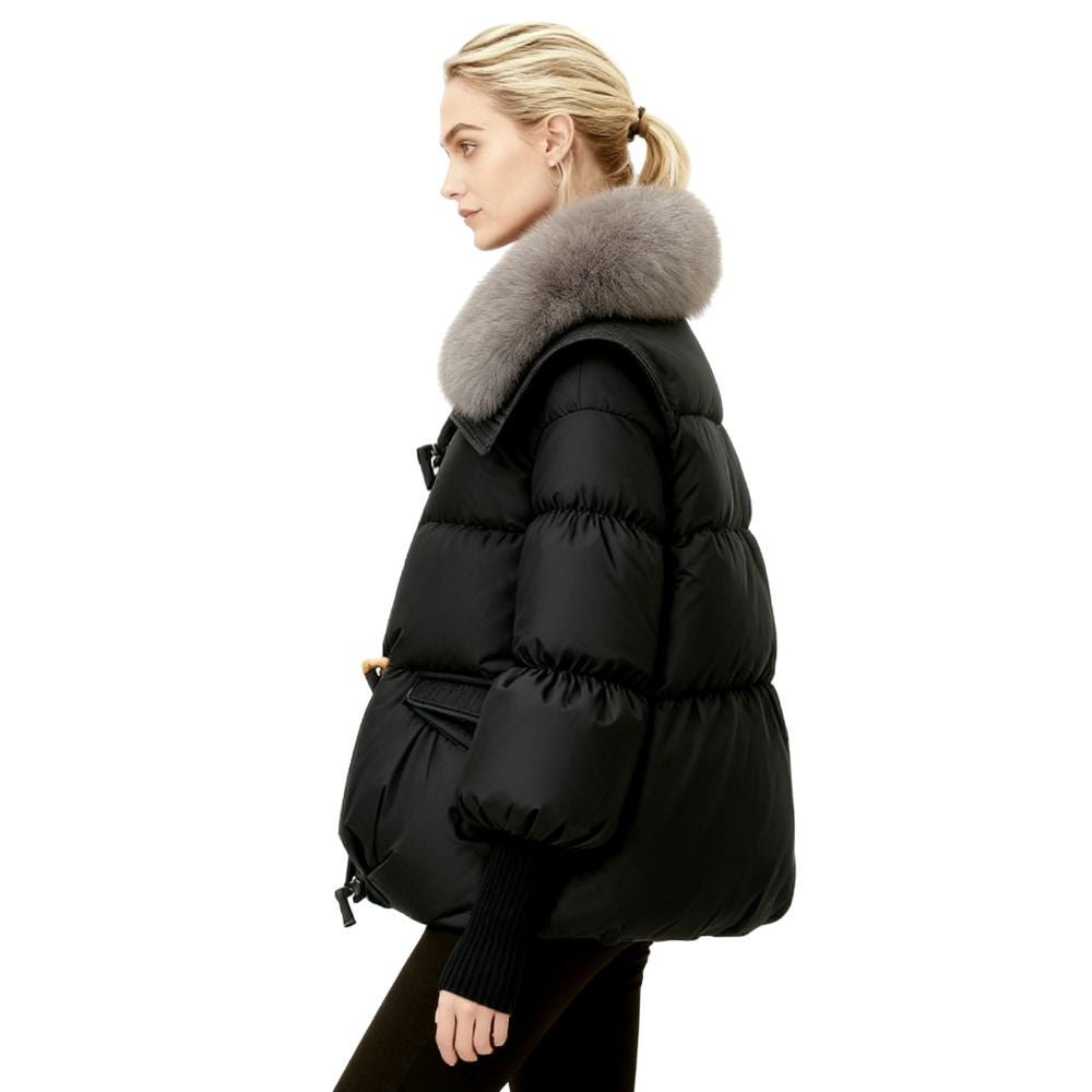 Womens Puffer Jacket Luxury Fox Fur Collar Oversized in White – Roma