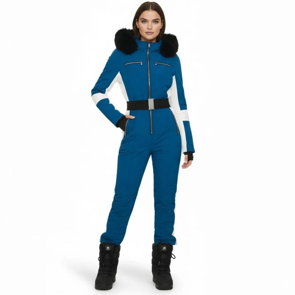 Womens Ski Suit One Piece Waterproof Fox Fur Hood 4-Way Stretch – Viv