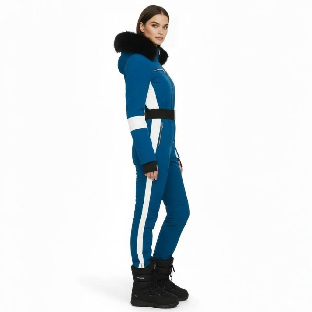 Womens Ski Suit One Piece Waterproof Fox Fur Hood 4-Way Stretch – Viv