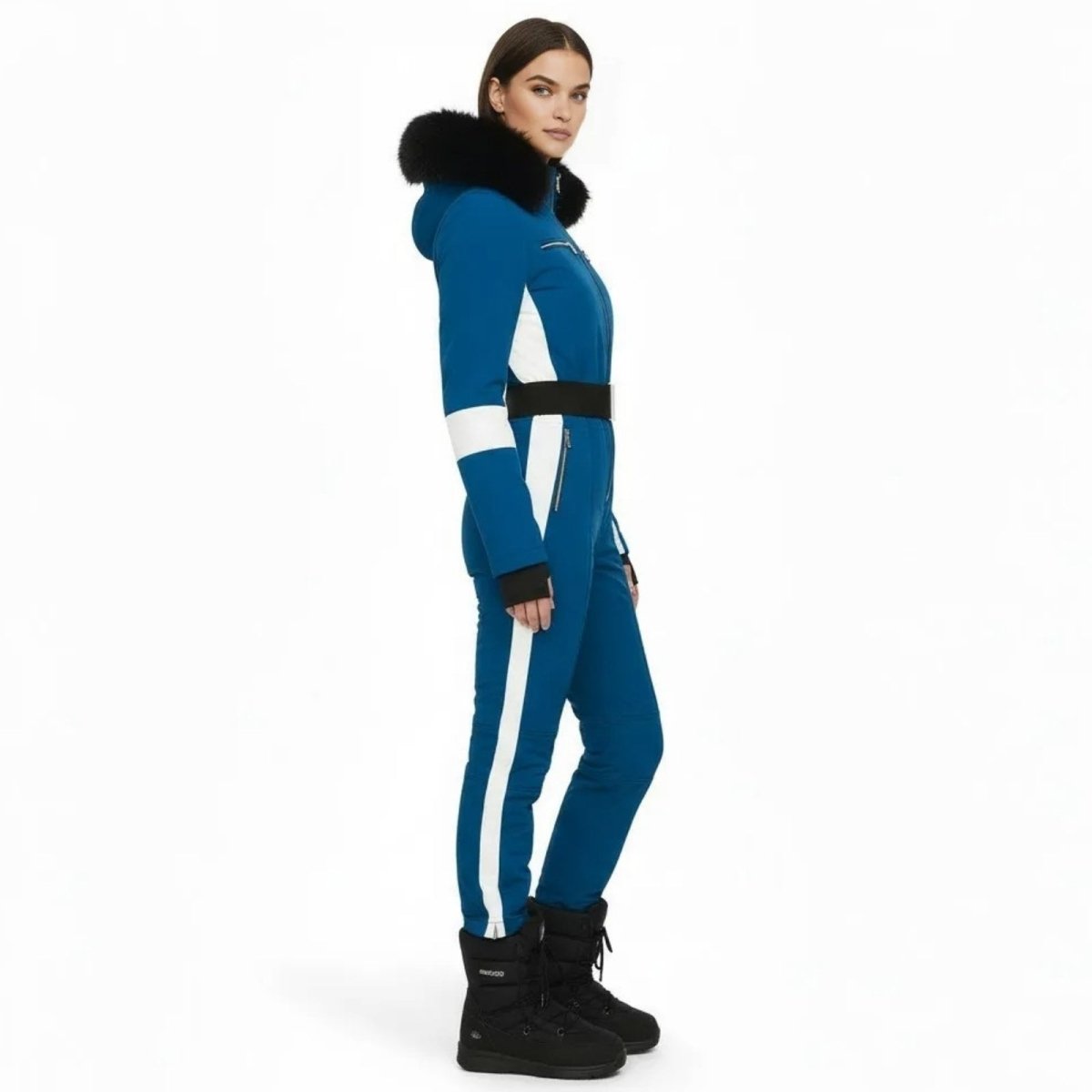 Womens Ski Suit One Piece Waterproof Fox Fur Hood 4-Way Stretch – Viv
