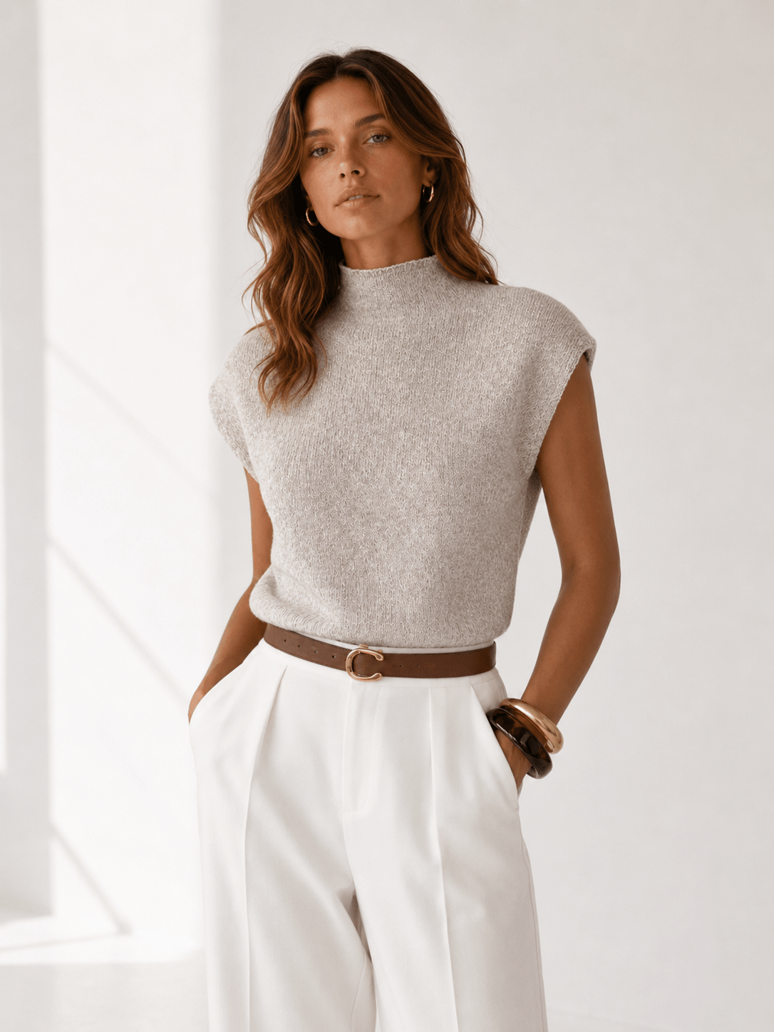 Womens Knit Vest High Neck Slim Fit Ribbed Sleeveless Top – Cara