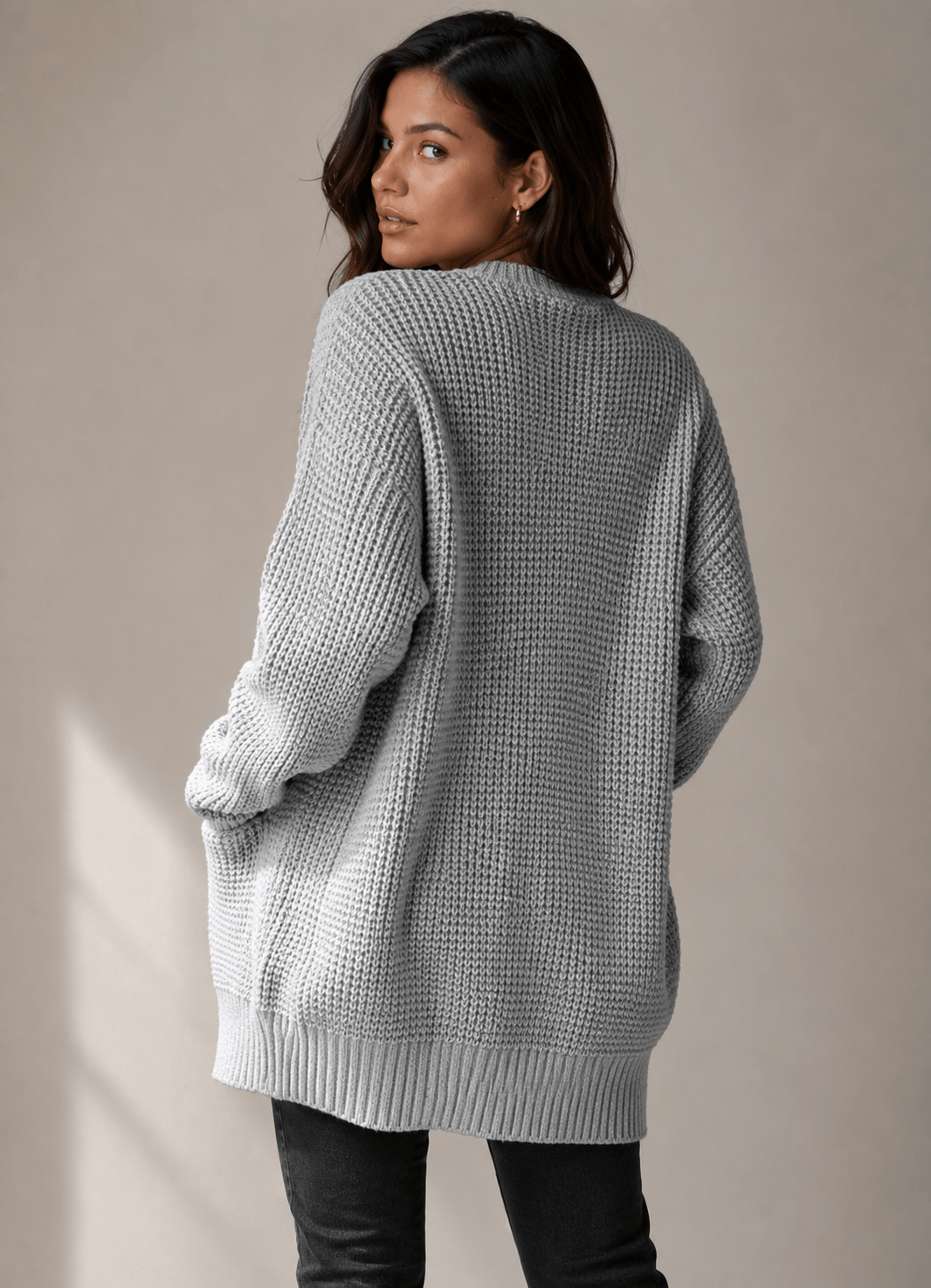 Womens Long Cardigan Textured Knit Open Front with Pockets Black – Remi