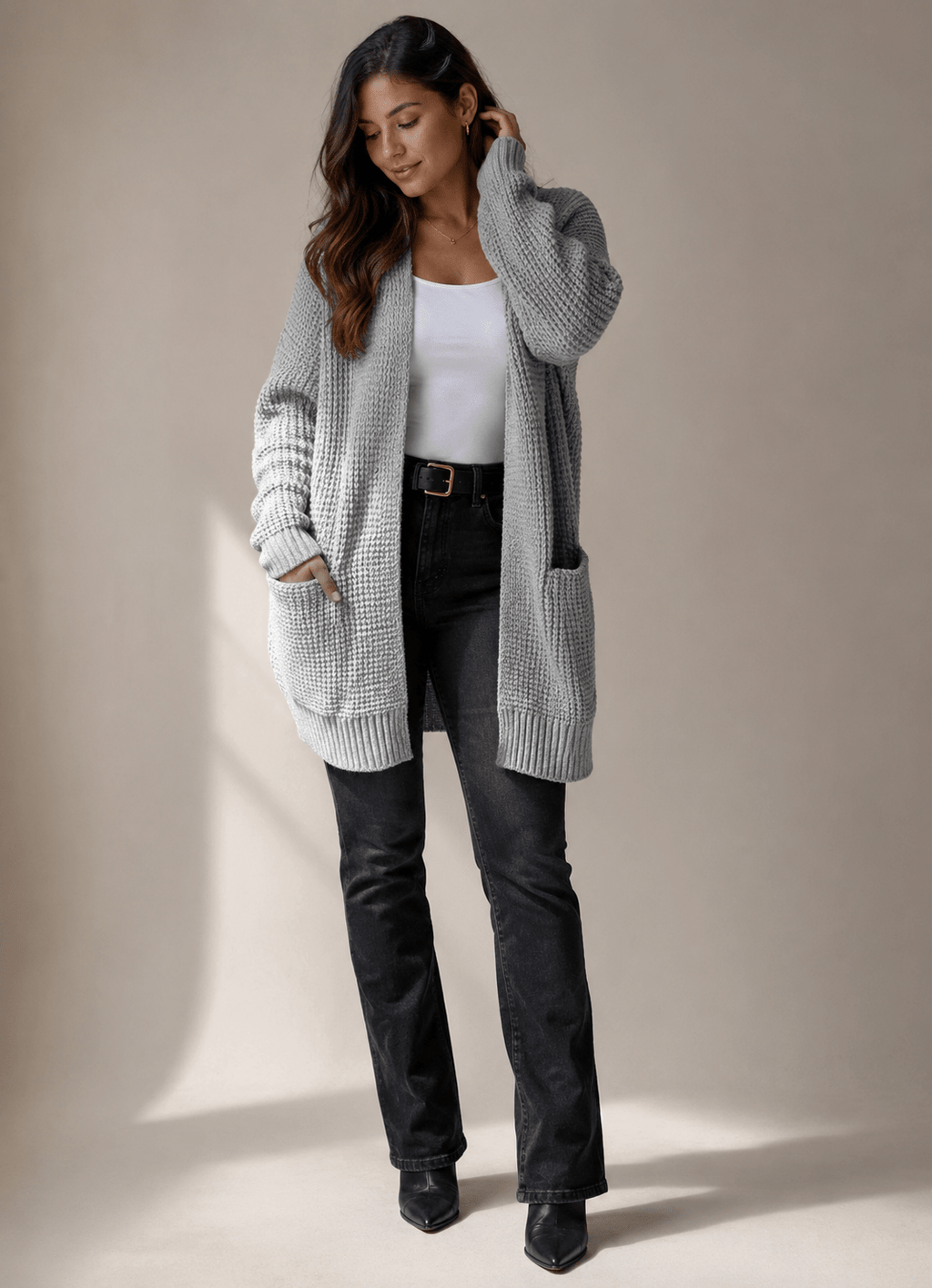 Womens Long Cardigan Textured Knit Open Front with Pockets Black – Remi