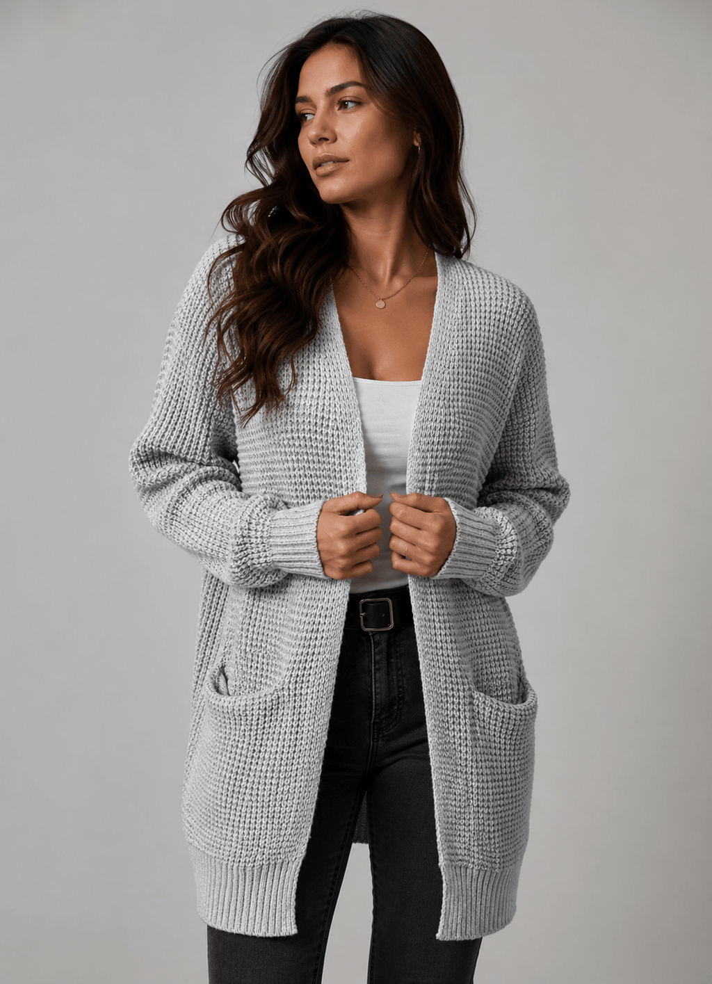 Womens Long Cardigan Textured Knit Open Front with Pockets Black – Remi