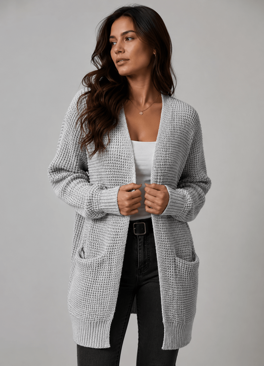 Womens Long Cardigan Textured Knit Open Front with Pockets Black – Remi