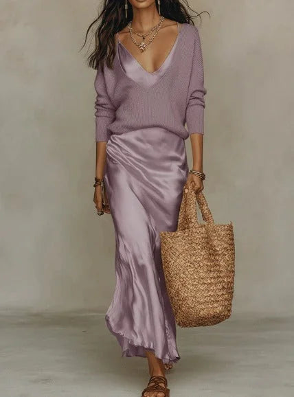 Women's Midi Satin Dress with Included Sweater — Jamie V-Neck Two-Piece