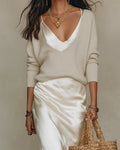 Women's Midi Satin Dress with Included Sweater — Jamie V-Neck Two-Piece