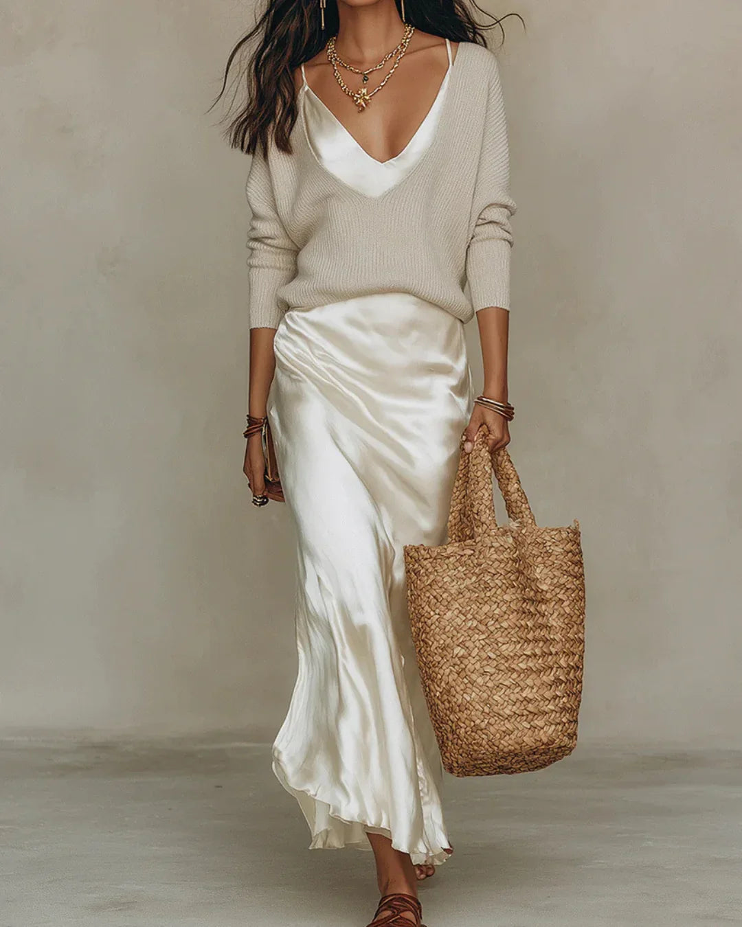Women's Midi Satin Dress with Included Sweater — Jamie V-Neck Two-Piece