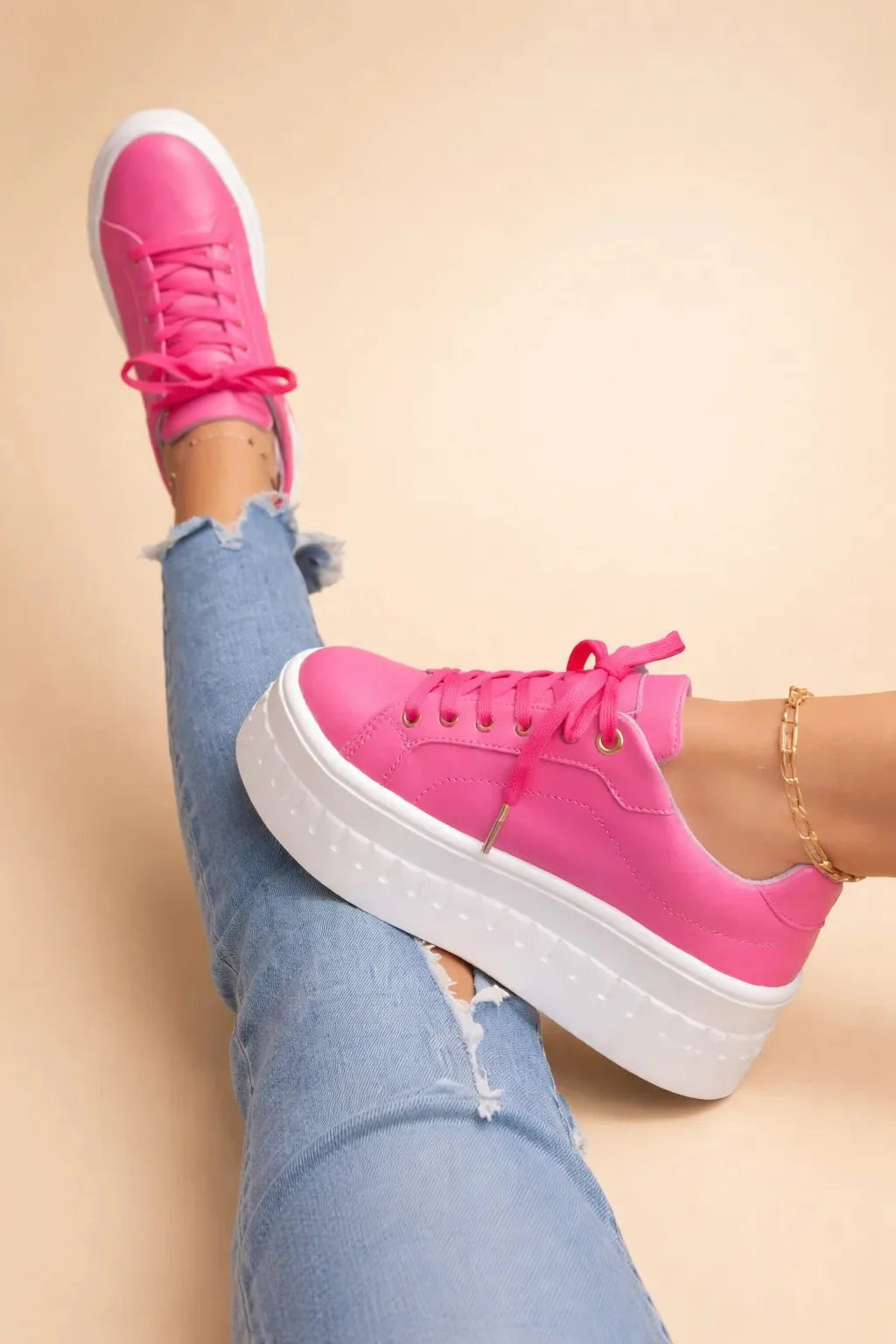 Platform Sneakers Lace-Up Chunky Sole Women Tan – Giva