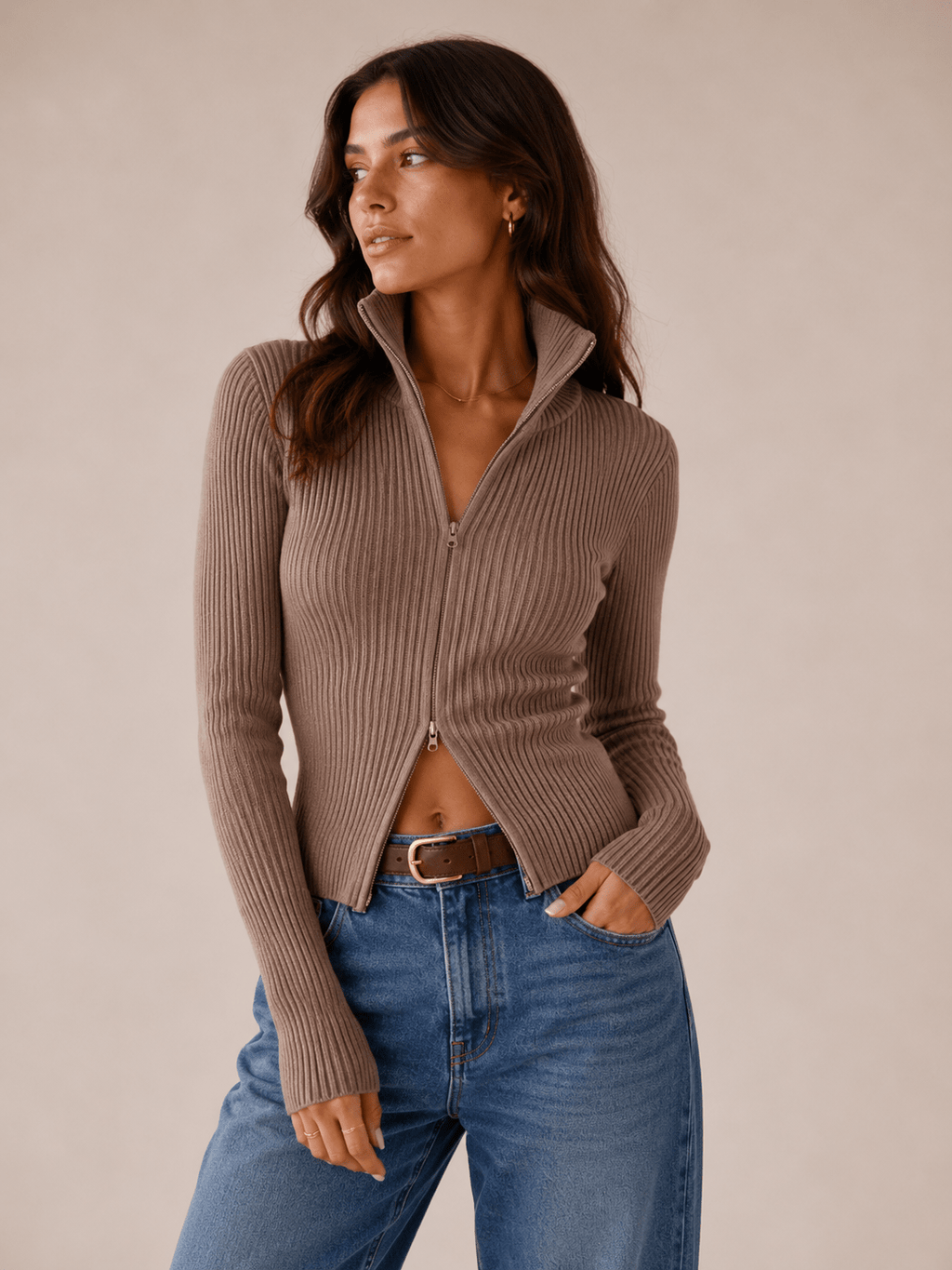 Womens Cardigan Chunky Ribbed Turtleneck Dual Zip Long Sleeve – Nell