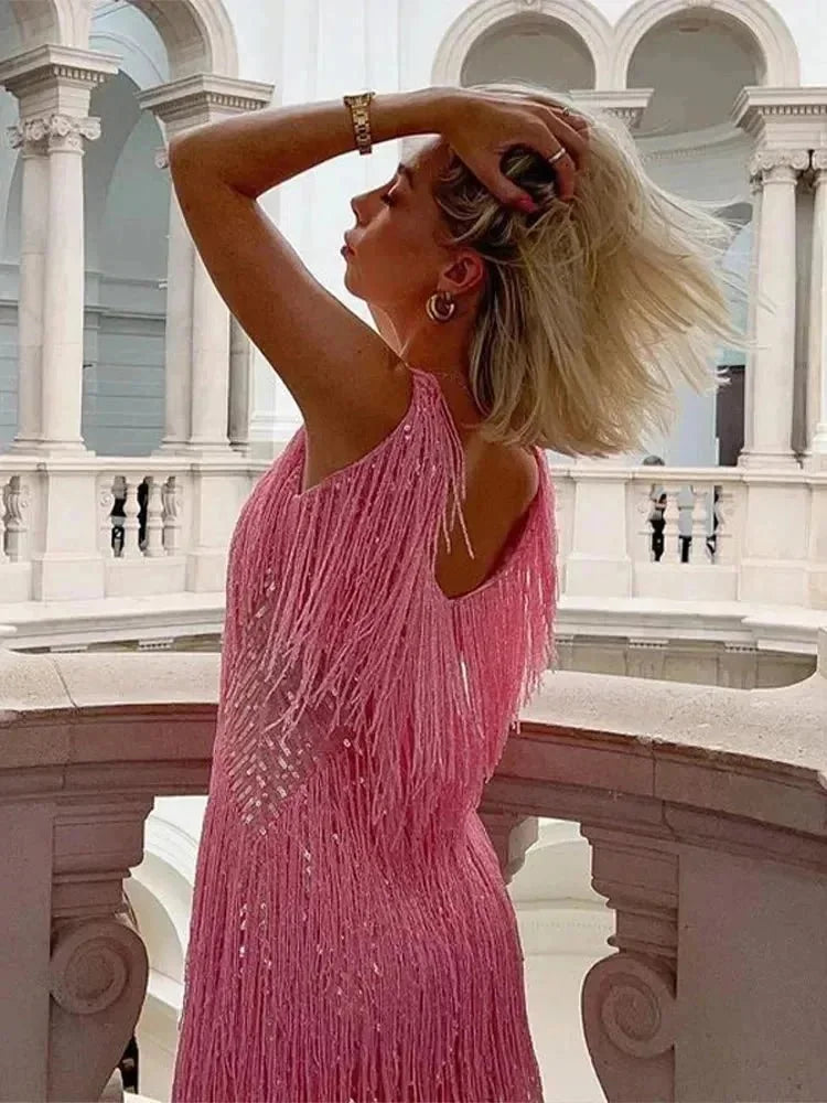 Sequin Fringe Mini Dress V-Neck Tiered Evening – Kiva