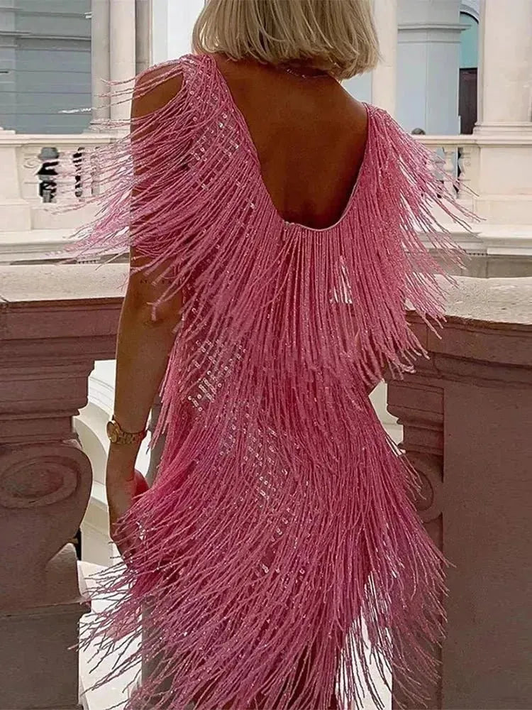 Sequin Fringe Mini Dress V-Neck Tiered Evening – Kiva