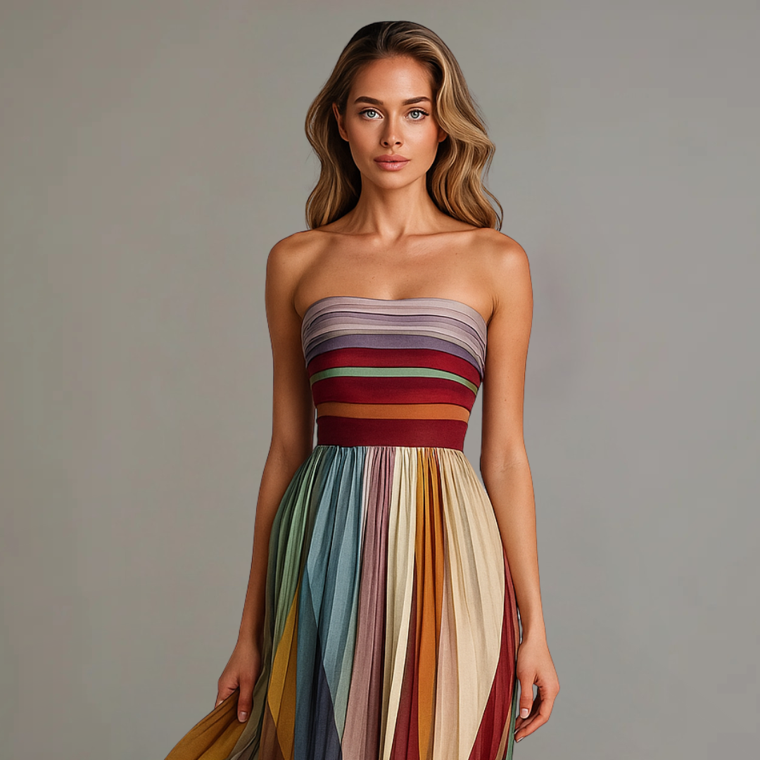 Model wearing strapless pleated maxi dress in colourblock panels – ELEGENZE