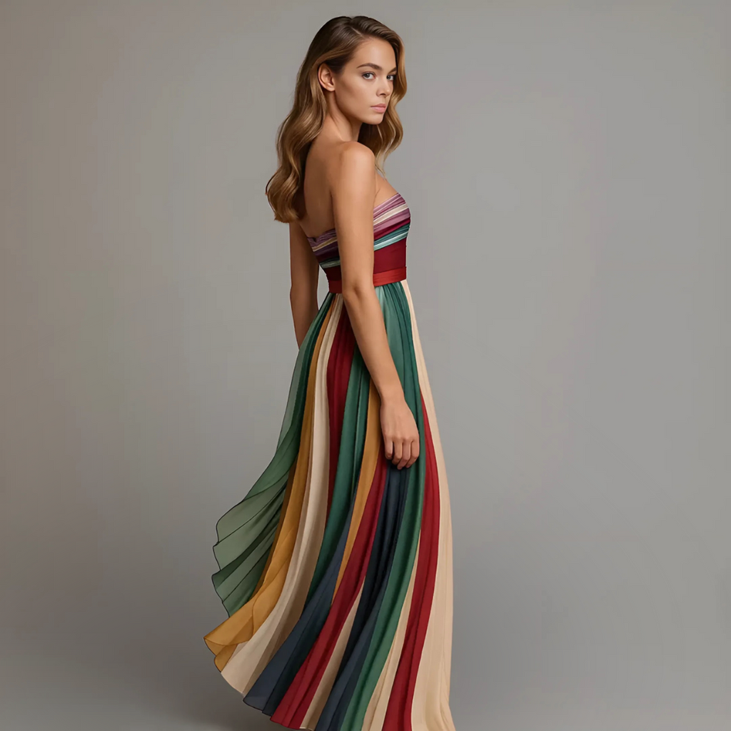 Strapless Maxi Dress Pleated Colorblock Flowy – Zeva