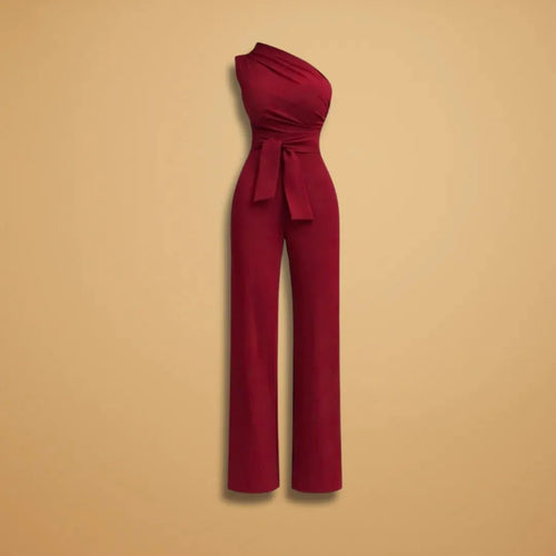 Asymmetric one-shoulder wide-leg jumpsuit in burgundy flat lay – ELEGENZE
